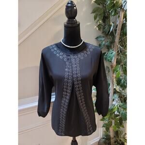 Daisy Fuentes Blouse Women's Size S Black Embellished Silver Accents Crew Neck